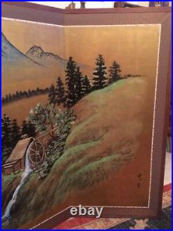 Vintage Japanese Chinese 4 Panel Folding Screen Byobu Painted 66x36 Signed Silk