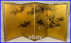 Vintage Japanese Hand Painted 4 Panel Folding Screen Byobu 72x36 Signed Gold