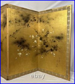 Vintage Japanese Hand Painted 4 Panel Folding Screen Byobu 72x36 Signed Gold Vintage Japanese Hand Painted 4 Panel Folding Screen Byobu 72x36 Signed Gold