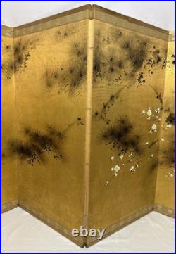 Vintage Japanese Hand Painted 4 Panel Folding Screen Byobu 72x36 Signed Gold