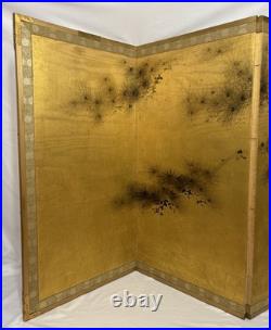 Vintage Japanese Hand Painted 4 Panel Folding Screen Byobu 72x36 Signed Gold Vintage Japanese Hand Painted 4 Panel Folding Screen Byobu 72x36 Signed Gold