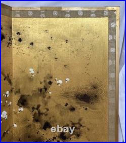 Vintage Japanese Hand Painted 4 Panel Folding Screen Byobu 72x36 Signed Gold