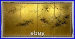 Vintage Japanese Hand Painted 4 Panel Folding Screen Byobu 72x36 Signed Gold