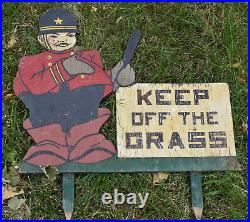 Vintage KEEP OFF THE GRASS folk wood painted advertising yard policeman SIGN