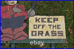 Vintage KEEP OFF THE GRASS folk wood painted advertising yard policeman SIGN