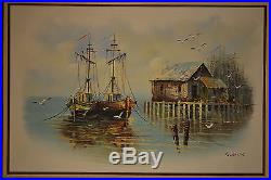 Vintage L. Alies Signed Original Oil Painting On Canvas Ship Dock Sea 43X31.5