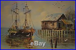 Vintage L. Alies Signed Original Oil Painting On Canvas Ship Dock Sea 43X31.5