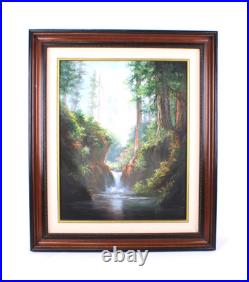 Vintage Landscape Jungle Waterfall Oil Painting On Canvas Signed Wanda Illegible