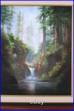 Vintage Landscape Jungle Waterfall Oil Painting On Canvas Signed Wanda Illegible