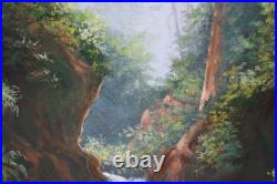 Vintage Landscape Jungle Waterfall Oil Painting On Canvas Signed Wanda Illegible