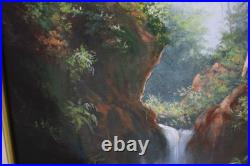 Vintage Landscape Jungle Waterfall Oil Painting On Canvas Signed Wanda Illegible