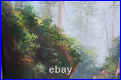 Vintage Landscape Jungle Waterfall Oil Painting On Canvas Signed Wanda Illegible