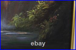Vintage Landscape Jungle Waterfall Oil Painting On Canvas Signed Wanda Illegible