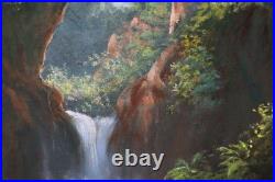 Vintage Landscape Jungle Waterfall Oil Painting On Canvas Signed Wanda Illegible