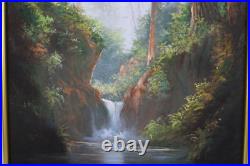 Vintage Landscape Jungle Waterfall Oil Painting On Canvas Signed Wanda Illegible