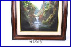Vintage Landscape Jungle Waterfall Oil Painting On Canvas Signed Wanda Illegible
