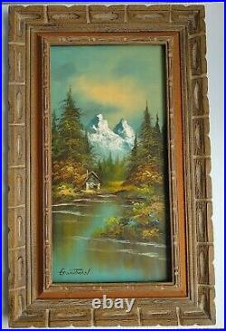 Vintage Landscape Mountain Cabin Lake Painting Signed G WhiTman Framed 25x40