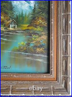 Vintage Landscape Mountain Cabin Lake Painting Signed G WhiTman Framed 25x40