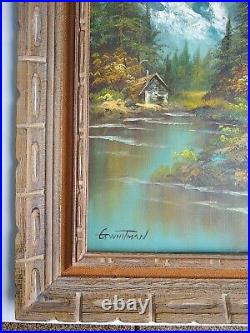 Vintage Landscape Mountain Cabin Lake Painting Signed G WhiTman Framed 25x40