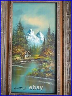 Vintage Landscape Mountain Cabin Lake Painting Signed G WhiTman Framed 25x40
