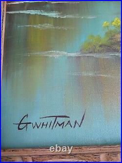 Vintage Landscape Mountain Cabin Lake Painting Signed G WhiTman Framed 25x40