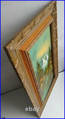 Vintage Landscape Mountain Cabin Lake Painting Signed G WhiTman Framed 25x40