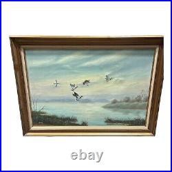 Vintage Landscape Oil Painting Ducks In Flight Signed by Billing Framed 43x 30