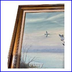 Vintage Landscape Oil Painting Ducks In Flight Signed by Billing Framed 43x 30