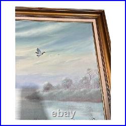 Vintage Landscape Oil Painting Ducks In Flight Signed by Billing Framed 43x 30