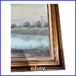 Vintage Landscape Oil Painting Ducks In Flight Signed by Billing Framed 43x 30