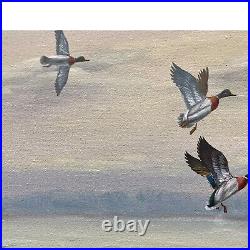 Vintage Landscape Oil Painting Ducks In Flight Signed by Billing Framed 43x 30