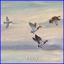 Vintage Landscape Oil Painting Ducks In Flight Signed by Billing Framed 43x 30