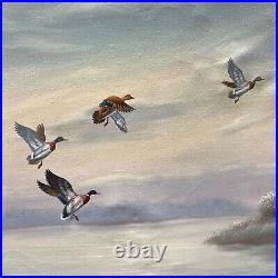 Vintage Landscape Oil Painting Ducks In Flight Signed by Billing Framed 43x 30