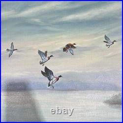 Vintage Landscape Oil Painting Ducks In Flight Signed by Billing Framed 43x 30
