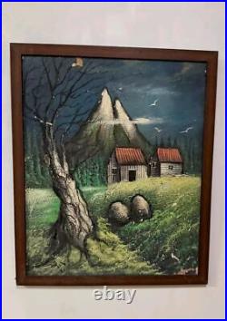 Vintage Landscape Painting with Mountain and Cabin Scene Signed