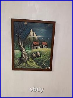 Vintage Landscape Painting with Mountain and Cabin Scene Signed