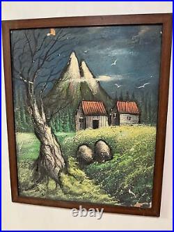 Vintage Landscape Painting with Mountain and Cabin Scene Signed