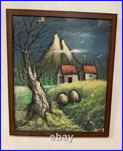 Vintage Landscape Painting with Mountain and Cabin Scene Signed