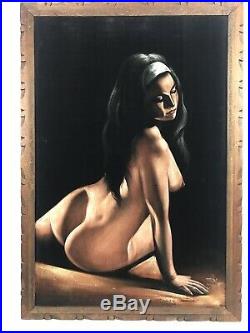 Vintage Large Nude Woman Beautiful Lady Velvet Painting Signed Framed MCM ORTIZ
