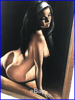 Vintage Large Nude Woman Beautiful Lady Velvet Painting Signed Framed MCM ORTIZ