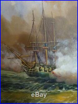 Vintage Large Oil On Canvas British Ship Battle Painting Signed