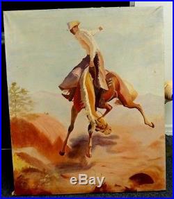 Vintage Large Oil On Canvas Cowboy Painting 30x36 Bucking Bronco Signed & Dated