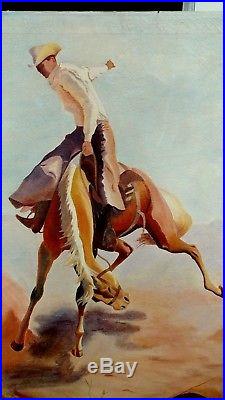 Vintage Large Oil On Canvas Cowboy Painting 30x36 Bucking Bronco Signed & Dated