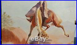 Vintage Large Oil On Canvas Cowboy Painting 30x36 Bucking Bronco Signed & Dated