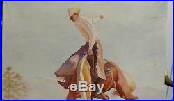 Vintage Large Oil On Canvas Cowboy Painting 30x36 Bucking Bronco Signed & Dated