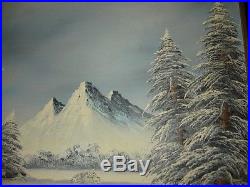 Vintage Large Oil Painting signed Barrister Snow Mountain Tree Scene Gold frame