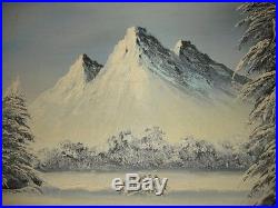 Vintage Large Oil Painting signed Barrister Snow Mountain Tree Scene Gold frame