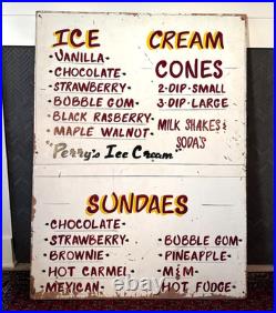 Vintage Large Perry's Ice Cream Hand Painted Wooden Menu Board Advertising Sign