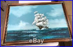 Vintage Large Signed Jackson ship at sea oil painting on canvas Excellent