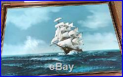 Vintage Large Signed Jackson ship at sea oil painting on canvas Excellent